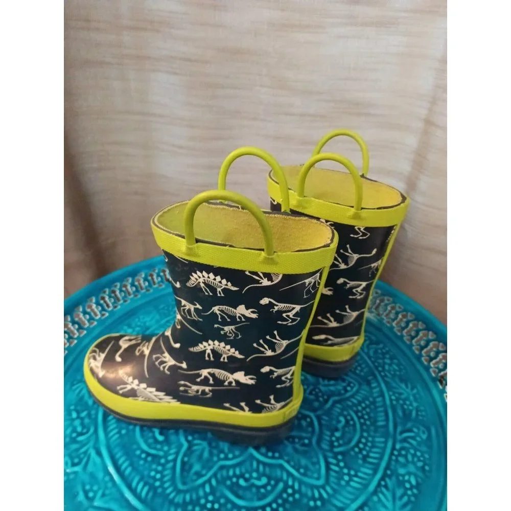 Boys Lily & Dan Skeleton Dinosaur Print Water Boots Blue/Green Size 9/10